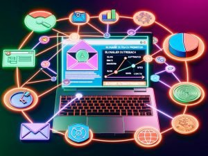 Moderne Collage mit Laptop, Outreach-Software, SEO-Tools, KPI-Diagrammen und vernetzten Blogs als Symbolbild für digitales Blogger Outreach Marketing 2025