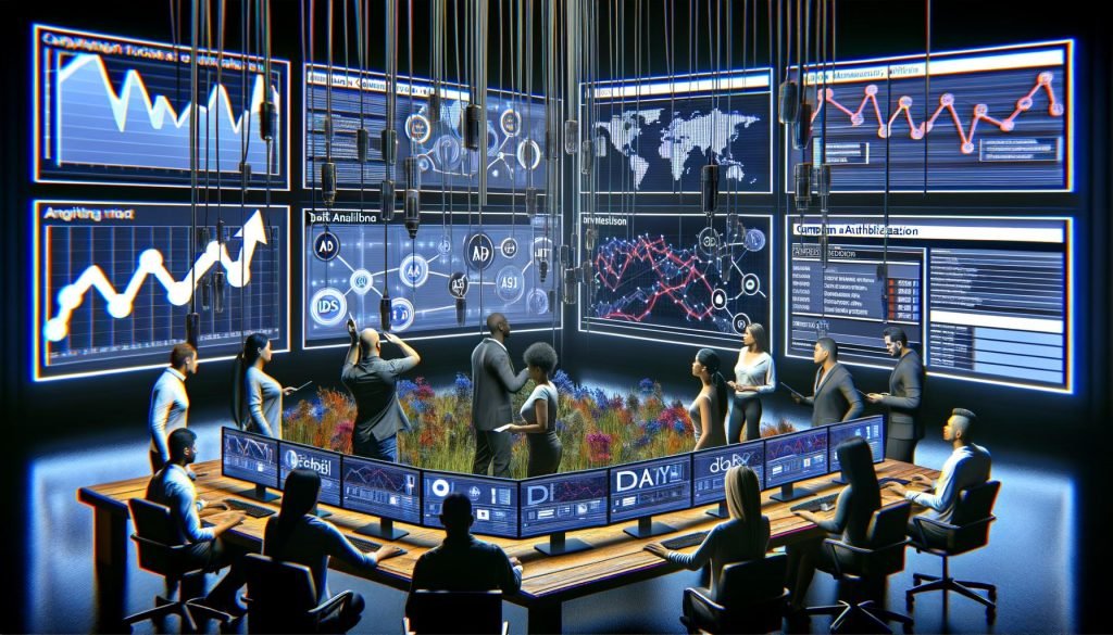 Digitales Marketingteam analysiert in einem Technik-Kontrollraum umfassende Kampagnen-Attributionsdaten auf mehreren großen Bildschirmen, umgeben von Tracking-Tools und Datenschutzhinweisen.