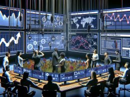Digitales Marketingteam analysiert in einem Technik-Kontrollraum umfassende Kampagnen-Attributionsdaten auf mehreren großen Bildschirmen, umgeben von Tracking-Tools und Datenschutzhinweisen.