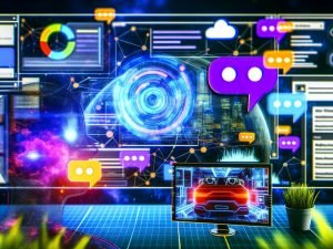 Digitaler Workspace mit Echtzeit-Analytics, nahtlosen KI-Chatbubbles über verschiedenen Touchpoints und veralteten Banneranzeigen im Hintergrund