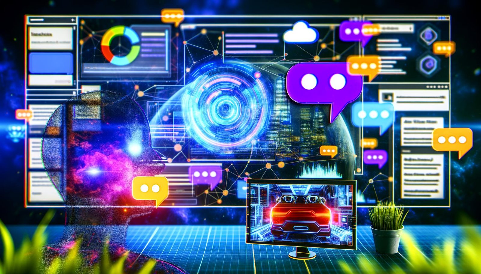 Digitaler Workspace mit Echtzeit-Analytics, nahtlosen KI-Chatbubbles über verschiedenen Touchpoints und veralteten Banneranzeigen im Hintergrund