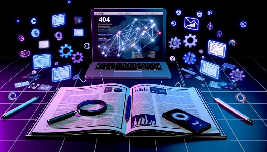 Magazin-Titelbild mit Laptop, mehreren geöffneten Browserfenstern, SEO-Grafiken, Statistiken, modernen Icons und Zubehör auf dunklem, neonakzentuiertem Hintergrund.