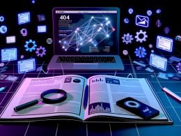 Magazin-Titelbild mit Laptop, mehreren geöffneten Browserfenstern, SEO-Grafiken, Statistiken, modernen Icons und Zubehör auf dunklem, neonakzentuiertem Hintergrund.