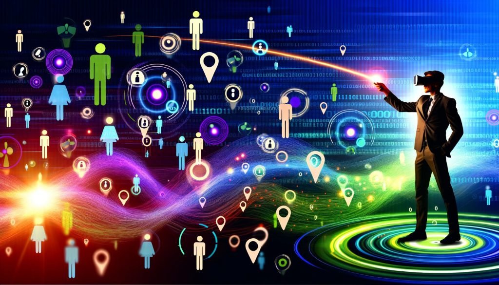 Titelbild einer digitalen Collage mit tanzenden Datenströmen, Tracking-Pixeln, Avataren, Smartphone- und Laptop-Silhouetten, im Vordergrund ein Marketer mit VR-Brille und Laserpointer vor Zielgruppen-Clusters.