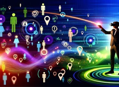 Titelbild einer digitalen Collage mit tanzenden Datenströmen, Tracking-Pixeln, Avataren, Smartphone- und Laptop-Silhouetten, im Vordergrund ein Marketer mit VR-Brille und Laserpointer vor Zielgruppen-Clusters.
