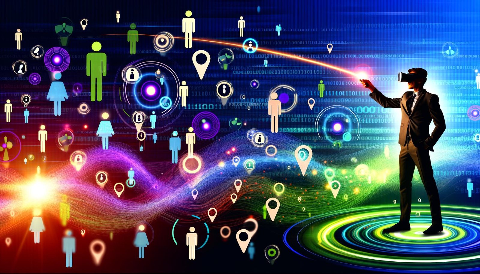Titelbild einer digitalen Collage mit tanzenden Datenströmen, Tracking-Pixeln, Avataren, Smartphone- und Laptop-Silhouetten, im Vordergrund ein Marketer mit VR-Brille und Laserpointer vor Zielgruppen-Clusters.