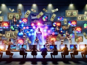 Marketer in einem chaotischen, von leuchtenden Screens erhellten Raum, umgeben von fliegenden Geldscheinen, Marketing-Symbolen und Nebel, während alte und neue Attributionsmodelle auf Bildschirmen dargestellt sind.