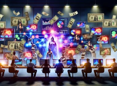 Marketer in einem chaotischen, von leuchtenden Screens erhellten Raum, umgeben von fliegenden Geldscheinen, Marketing-Symbolen und Nebel, während alte und neue Attributionsmodelle auf Bildschirmen dargestellt sind.