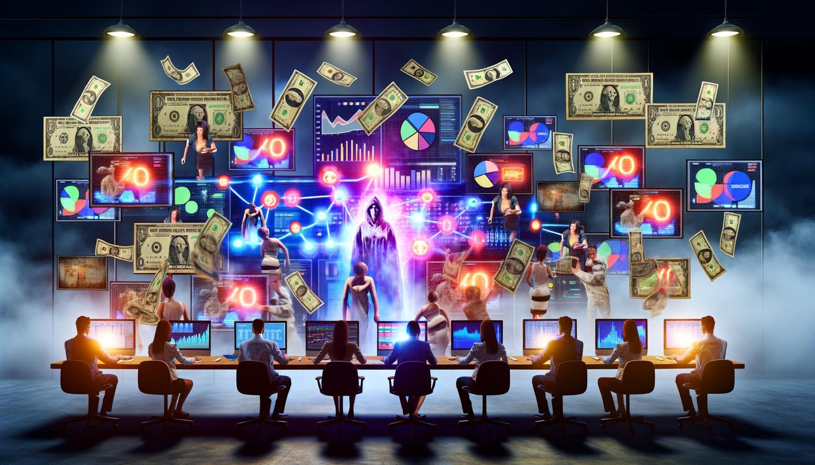 Marketer in einem chaotischen, von leuchtenden Screens erhellten Raum, umgeben von fliegenden Geldscheinen, Marketing-Symbolen und Nebel, während alte und neue Attributionsmodelle auf Bildschirmen dargestellt sind.
