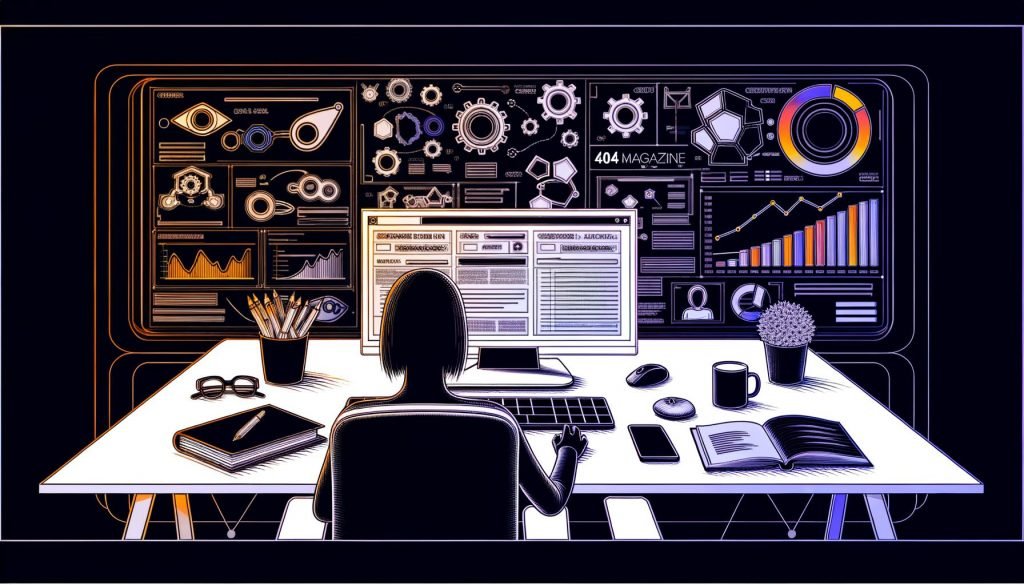 Moderne, kantige Illustration eines SEO-Arbeitsplatzes mit Monitor, SEO-Tools, Notizblöcken, Smartphone, Kaffeetasse und technischen Symbolen im Hintergrund mit einer fokussierten Person.
