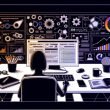 Moderne, kantige Illustration eines SEO-Arbeitsplatzes mit Monitor, SEO-Tools, Notizblöcken, Smartphone, Kaffeetasse und technischen Symbolen im Hintergrund mit einer fokussierten Person.