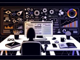 Moderne, kantige Illustration eines SEO-Arbeitsplatzes mit Monitor, SEO-Tools, Notizblöcken, Smartphone, Kaffeetasse und technischen Symbolen im Hintergrund mit einer fokussierten Person.