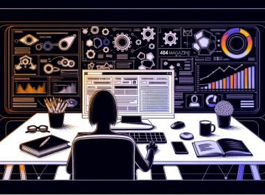 Moderne, kantige Illustration eines SEO-Arbeitsplatzes mit Monitor, SEO-Tools, Notizblöcken, Smartphone, Kaffeetasse und technischen Symbolen im Hintergrund mit einer fokussierten Person.