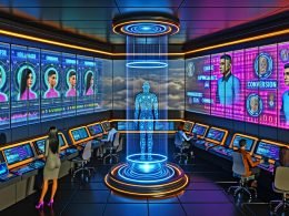 Futuristischer Kontrollraum für digitales Marketing mit KI-Engine, transparenten Dashboards, leuchtenden Datenströmen und professionellen Nutzern, die mit KI-Avataren interagieren.