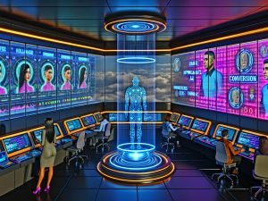 Futuristischer Kontrollraum für digitales Marketing mit KI-Engine, transparenten Dashboards, leuchtenden Datenströmen und professionellen Nutzern, die mit KI-Avataren interagieren.