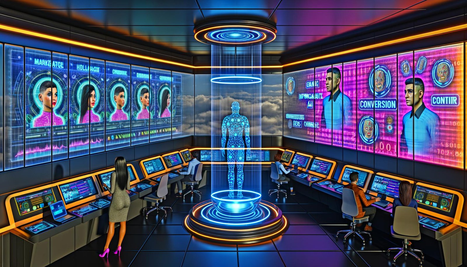 Futuristischer Kontrollraum für digitales Marketing mit KI-Engine, transparenten Dashboards, leuchtenden Datenströmen und professionellen Nutzern, die mit KI-Avataren interagieren.