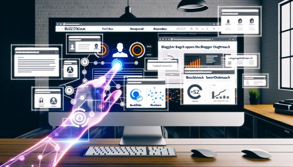 Großer Monitor im modernen Homeoffice mit geöffneter Blogger Outreach Software, digitalen Profilfotos, Kontaktkärtchen und SEO-Analytics-Charts vor urbanem Neon-Hintergrund.