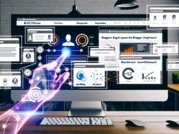Großer Monitor im modernen Homeoffice mit geöffneter Blogger Outreach Software, digitalen Profilfotos, Kontaktkärtchen und SEO-Analytics-Charts vor urbanem Neon-Hintergrund.
