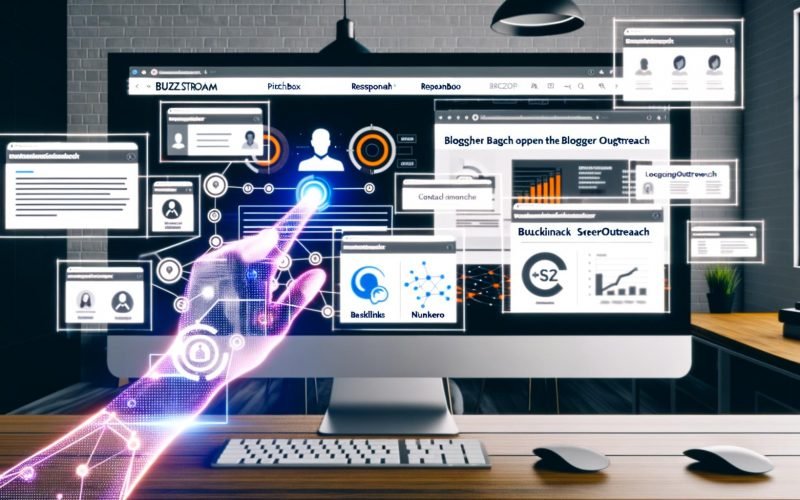 Großer Monitor im modernen Homeoffice mit geöffneter Blogger Outreach Software, digitalen Profilfotos, Kontaktkärtchen und SEO-Analytics-Charts vor urbanem Neon-Hintergrund.