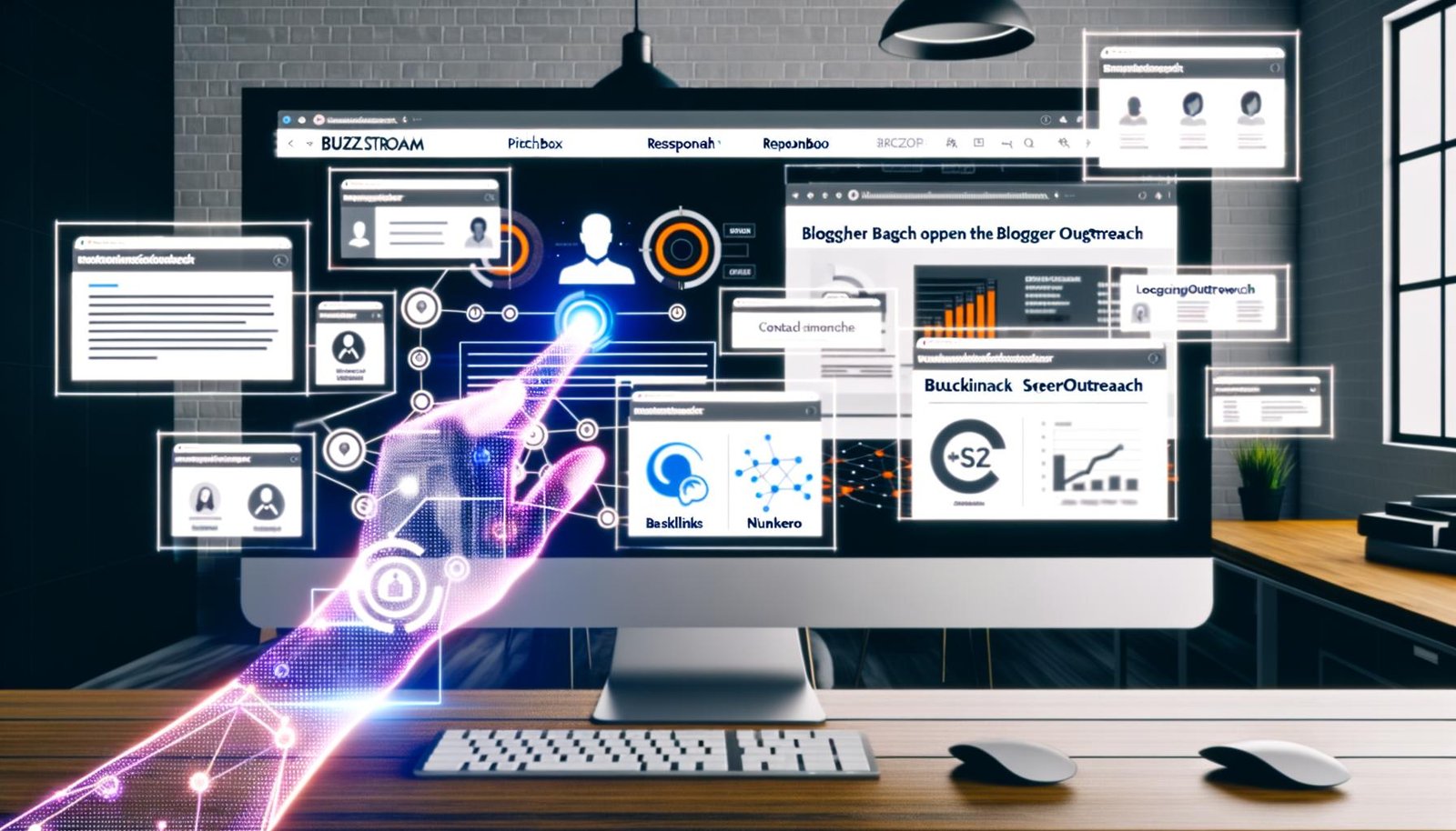 Großer Monitor im modernen Homeoffice mit geöffneter Blogger Outreach Software, digitalen Profilfotos, Kontaktkärtchen und SEO-Analytics-Charts vor urbanem Neon-Hintergrund.