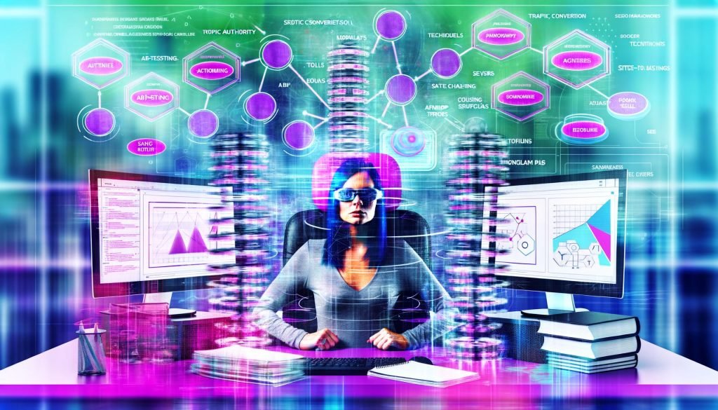 Selbstbewusste Content-Strategin an Computer mit mehreren Monitoren, die Affiliate Content-Stacks, Traffic-, Conversion- und SEO-Diagramme zeigen, umgeben von Symbolen für Themenautorität, KI, Technik und Umsätze. Hintergrund mit analogen Rivalen.