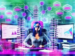 Selbstbewusste Content-Strategin an Computer mit mehreren Monitoren, die Affiliate Content-Stacks, Traffic-, Conversion- und SEO-Diagramme zeigen, umgeben von Symbolen für Themenautorität, KI, Technik und Umsätze. Hintergrund mit analogen Rivalen.