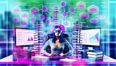 Selbstbewusste Content-Strategin an Computer mit mehreren Monitoren, die Affiliate Content-Stacks, Traffic-, Conversion- und SEO-Diagramme zeigen, umgeben von Symbolen für Themenautorität, KI, Technik und Umsätze. Hintergrund mit analogen Rivalen.