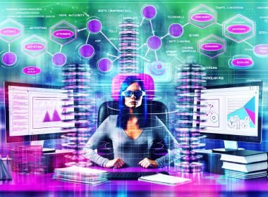 Selbstbewusste Content-Strategin an Computer mit mehreren Monitoren, die Affiliate Content-Stacks, Traffic-, Conversion- und SEO-Diagramme zeigen, umgeben von Symbolen für Themenautorität, KI, Technik und Umsätze. Hintergrund mit analogen Rivalen.