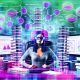 Selbstbewusste Content-Strategin an Computer mit mehreren Monitoren, die Affiliate Content-Stacks, Traffic-, Conversion- und SEO-Diagramme zeigen, umgeben von Symbolen für Themenautorität, KI, Technik und Umsätze. Hintergrund mit analogen Rivalen.