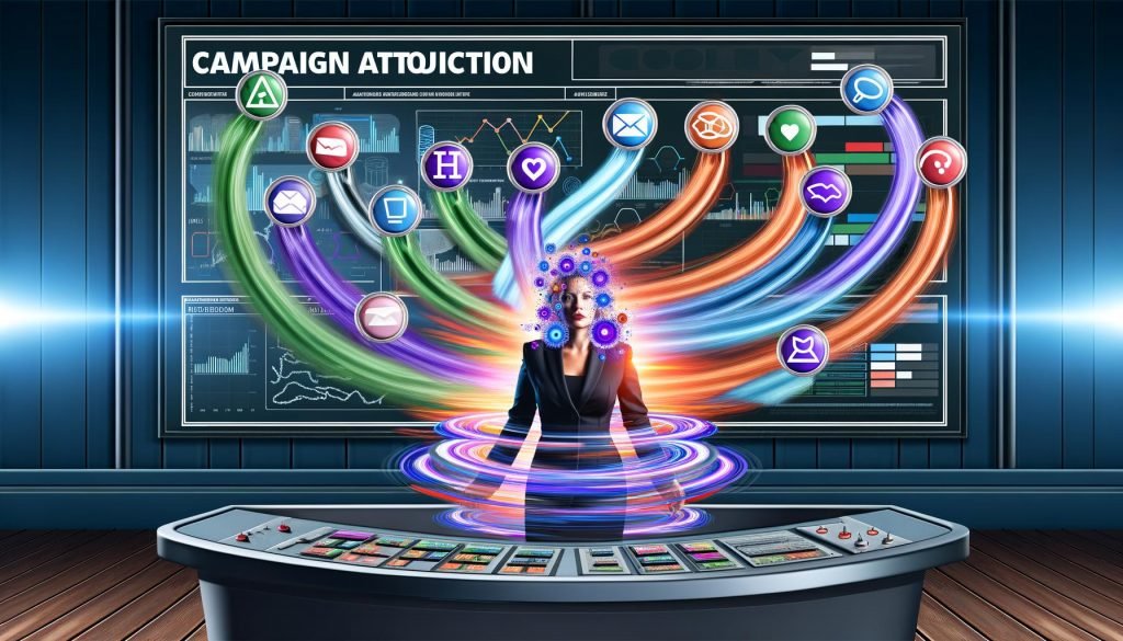 Marketer an einem Hightech-Bedienpult für Kampagnen-Attribution, umgeben von digitalen Datenströmen, Werbe-, E-Mail- und Social-Media-Icons mit leuchtenden Diagrammen.