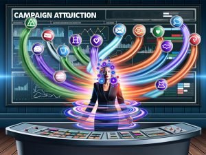Marketer an einem Hightech-Bedienpult für Kampagnen-Attribution, umgeben von digitalen Datenströmen, Werbe-, E-Mail- und Social-Media-Icons mit leuchtenden Diagrammen.