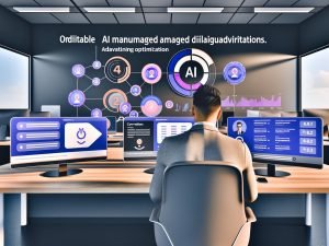 Marketer analysiert auf mehreren Monitoren KI-Dialoganzeigen mit Konversionsraten, Engagement-Diagrammen und interaktivem Chat-Fenster in einem futuristischen, modernen Workspace.