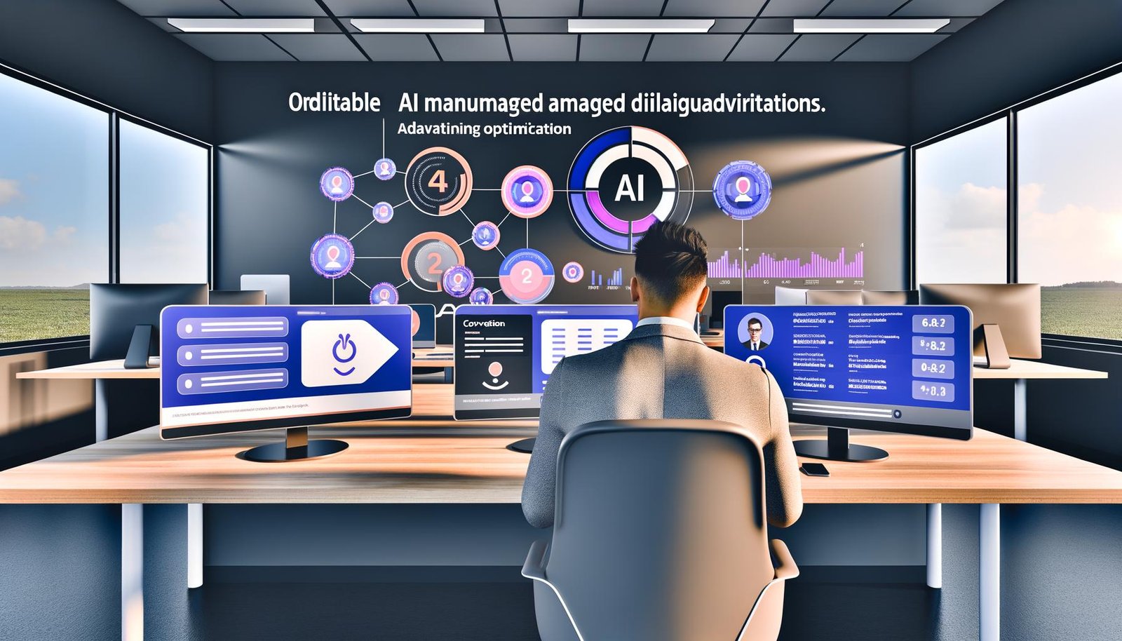 Marketer analysiert auf mehreren Monitoren KI-Dialoganzeigen mit Konversionsraten, Engagement-Diagrammen und interaktivem Chat-Fenster in einem futuristischen, modernen Workspace.