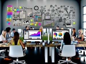 Kreativer Workspace mit Computermonitoren voller SEO-Daten, Dashboard mit Traffic-Analysen, Bloggern an Schreibtischen und strategischen Post-Its an den Wänden.