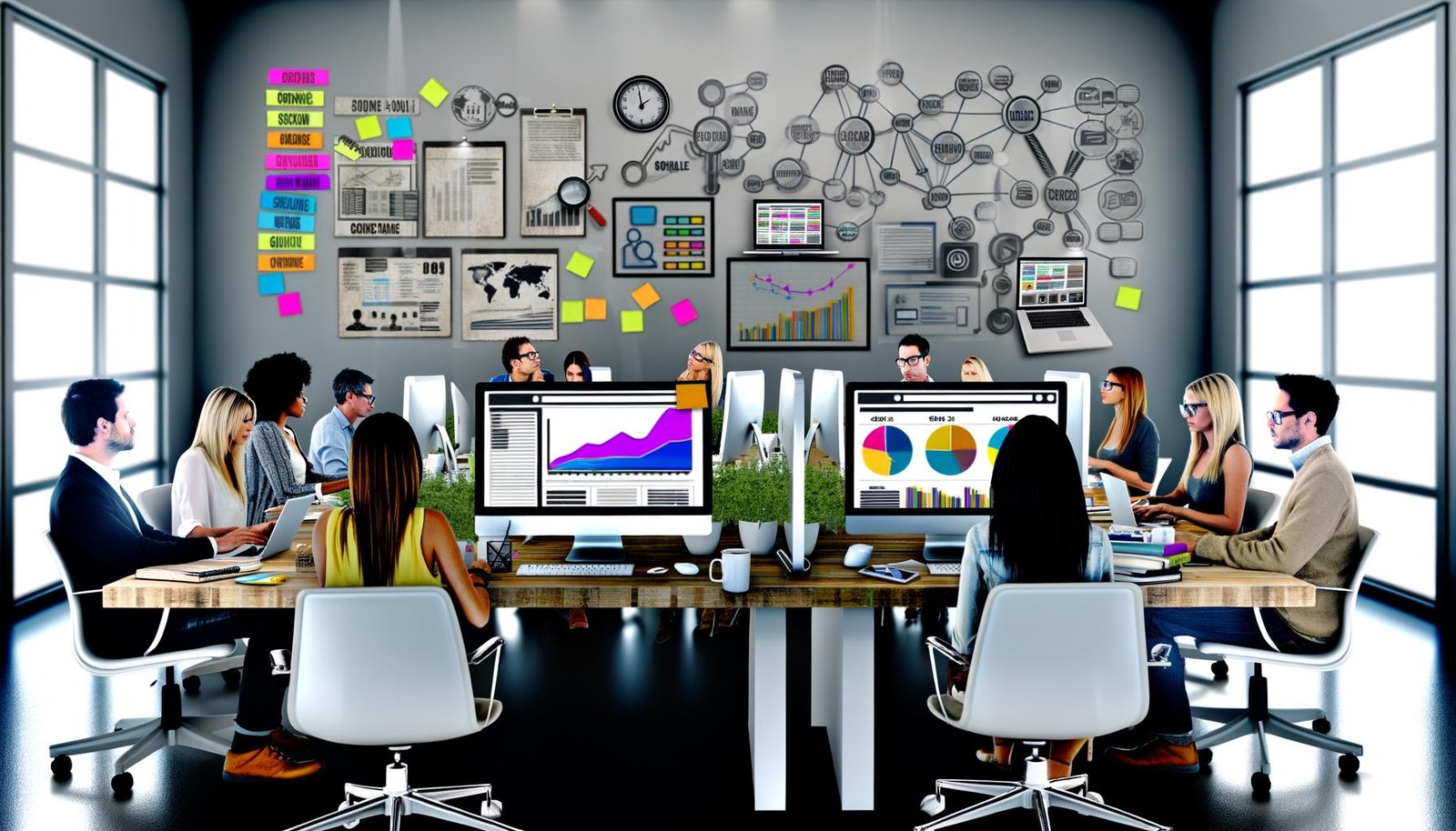 Kreativer Workspace mit Computermonitoren voller SEO-Daten, Dashboard mit Traffic-Analysen, Bloggern an Schreibtischen und strategischen Post-Its an den Wänden.