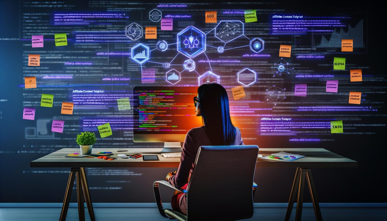 Arbeitsplatz eines Content Creators mit Affiliate-Marketing-Dashboard, Tabellen, Analytics, SEO-Tools und Keyword-Notizen, umgeben von Elementen aus Webentwicklung.