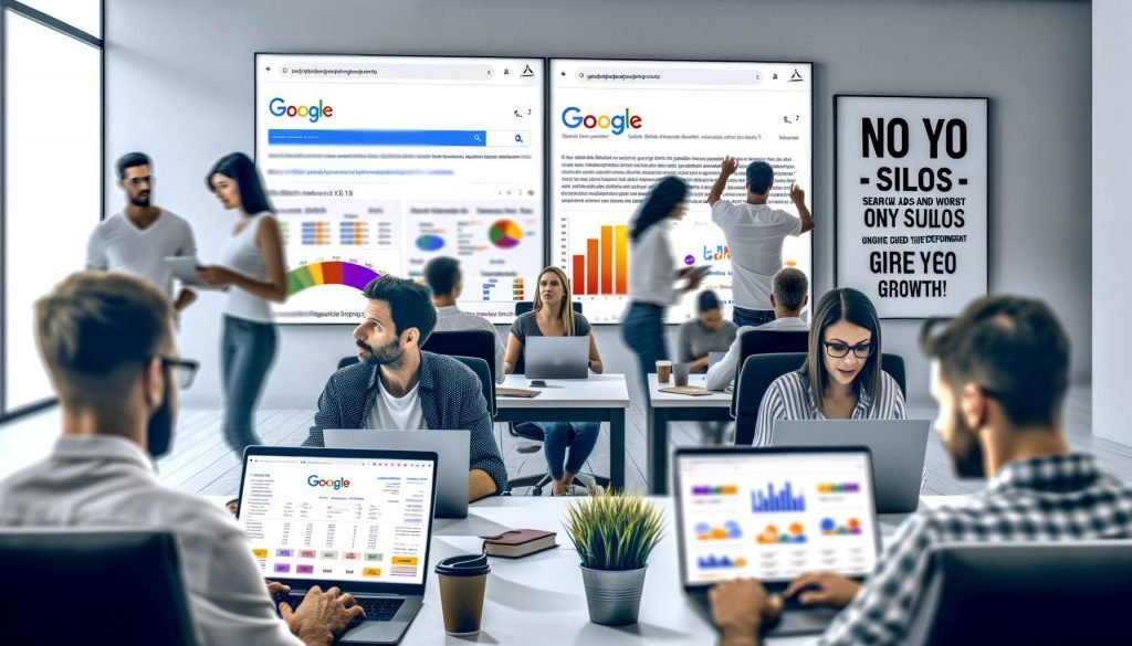 Mehrere Online-Marketing-Teams arbeiten konzentriert in einem hellen Großraumbüro an SEO-Analysen und Google Ads-Kampagnen, während Performance-Dashboards und Suchergebnisse auf Monitoren angezeigt werden.
