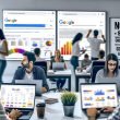 Mehrere Online-Marketing-Teams arbeiten konzentriert in einem hellen Großraumbüro an SEO-Analysen und Google Ads-Kampagnen, während Performance-Dashboards und Suchergebnisse auf Monitoren angezeigt werden.
