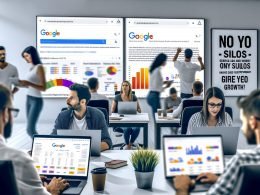 Mehrere Online-Marketing-Teams arbeiten konzentriert in einem hellen Großraumbüro an SEO-Analysen und Google Ads-Kampagnen, während Performance-Dashboards und Suchergebnisse auf Monitoren angezeigt werden.