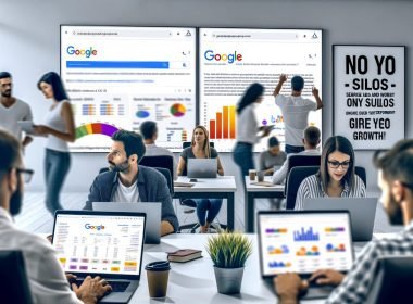 Mehrere Online-Marketing-Teams arbeiten konzentriert in einem hellen Großraumbüro an SEO-Analysen und Google Ads-Kampagnen, während Performance-Dashboards und Suchergebnisse auf Monitoren angezeigt werden.