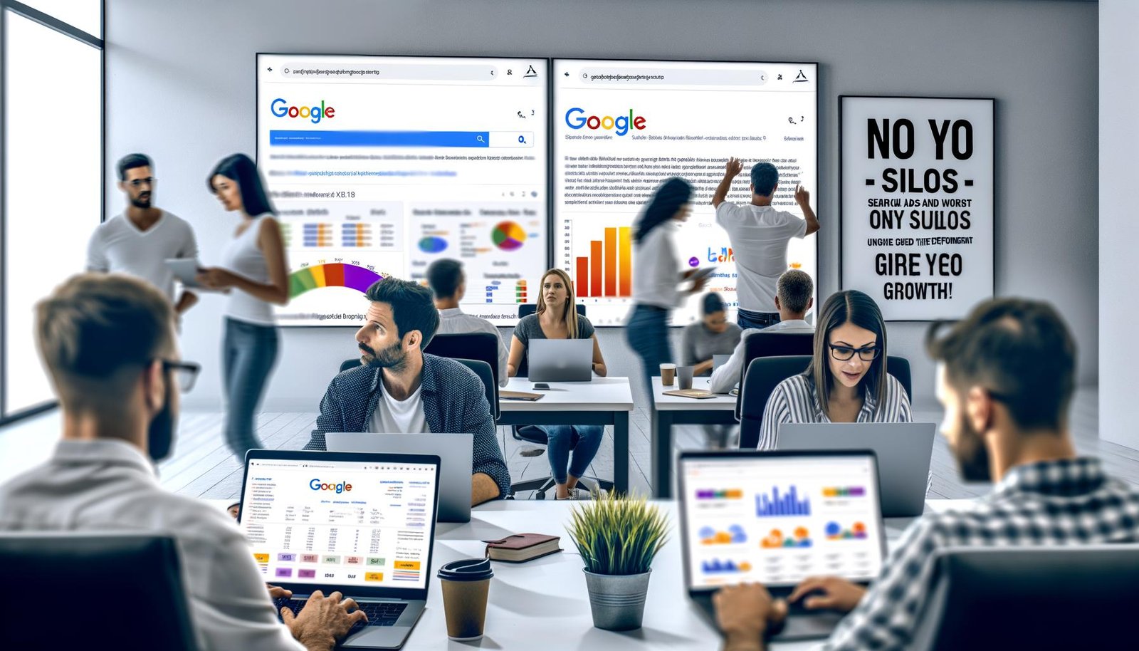 Mehrere Online-Marketing-Teams arbeiten konzentriert in einem hellen Großraumbüro an SEO-Analysen und Google Ads-Kampagnen, während Performance-Dashboards und Suchergebnisse auf Monitoren angezeigt werden.