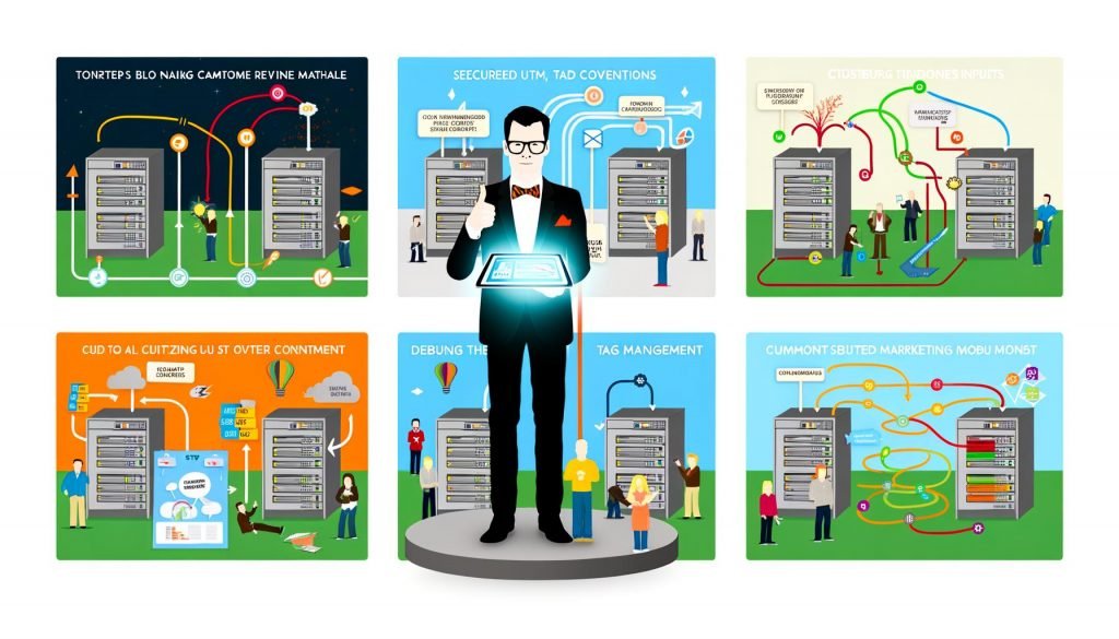 Illustrationen zeigen einen Marketer am Scheideweg mit leuchtendem Datentablet, Infografiken zu Attributionsmodellen, ein technisches Blueprint, eine Schritt-für-Schritt-Anleitung sowie Szenen zu Datenschutz und Best Practices im digitalen Marketing.
