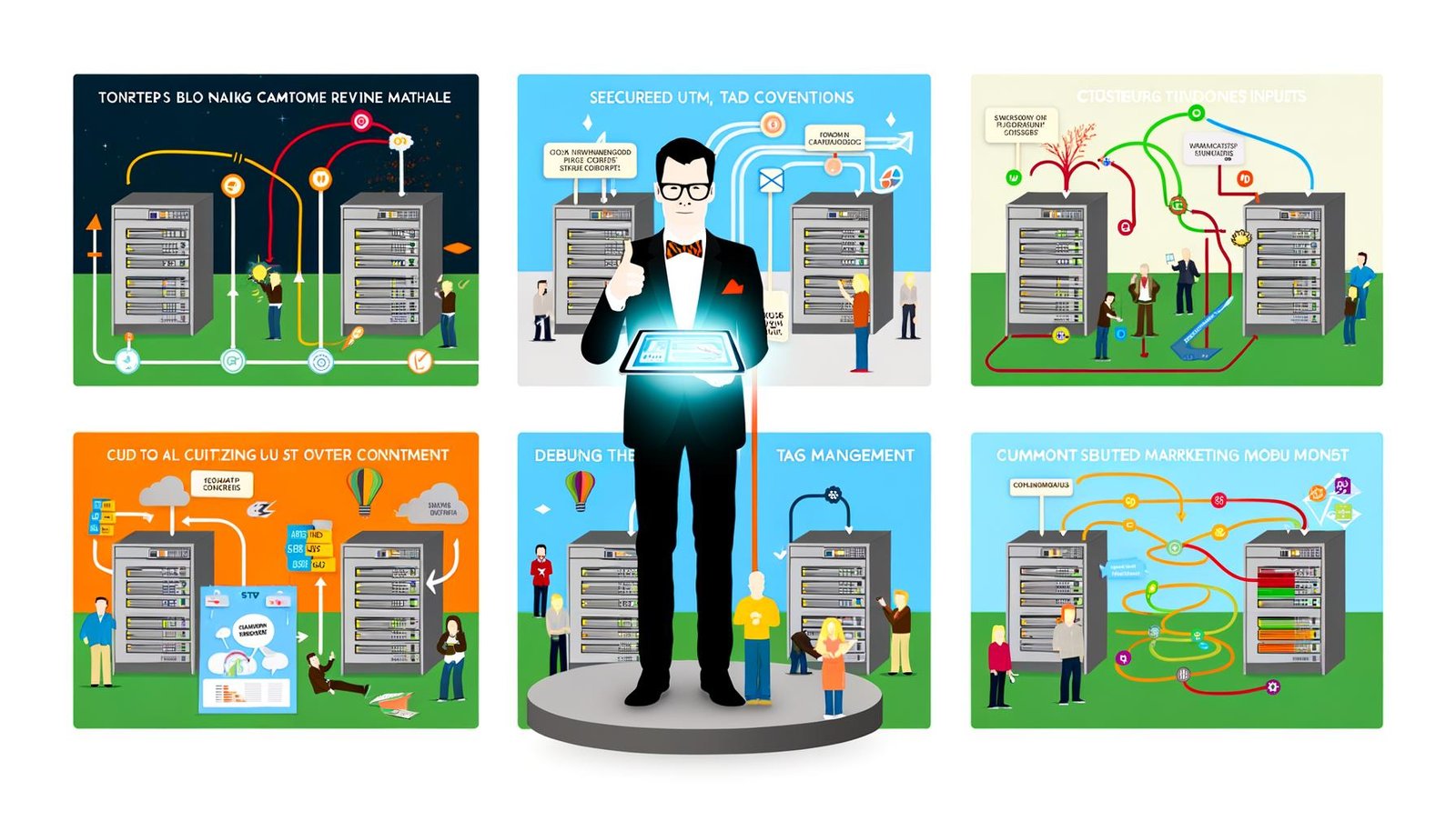 Illustrationen zeigen einen Marketer am Scheideweg mit leuchtendem Datentablet, Infografiken zu Attributionsmodellen, ein technisches Blueprint, eine Schritt-für-Schritt-Anleitung sowie Szenen zu Datenschutz und Best Practices im digitalen Marketing.