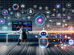 Moderne Illustration eines Digitalagentur-Arbeitsplatzes mit Monitoren, dynamischen Datenvisualisierungen, KI-Dialogsystem, Machine Learning, Datenwolken, Conversion-Funnel und verschiedenen Geräten.