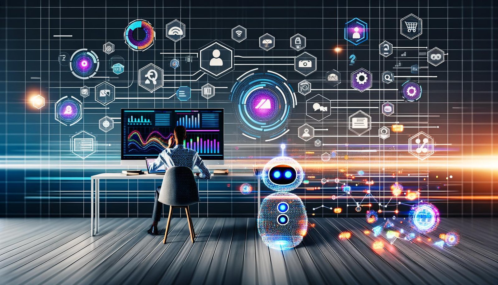 Moderne Illustration eines Digitalagentur-Arbeitsplatzes mit Monitoren, dynamischen Datenvisualisierungen, KI-Dialogsystem, Machine Learning, Datenwolken, Conversion-Funnel und verschiedenen Geräten.