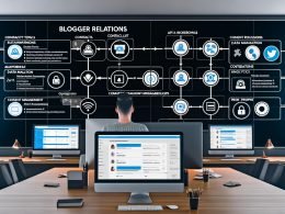 Marketingprofi an modernem digitalen Arbeitsplatz mit mehreren Monitoren, die Blogger Relations Tools, Kontaktlisten, Analytics und DSGVO-Checklisten zeigen