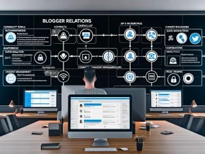 Marketingprofi an modernem digitalen Arbeitsplatz mit mehreren Monitoren, die Blogger Relations Tools, Kontaktlisten, Analytics und DSGVO-Checklisten zeigen