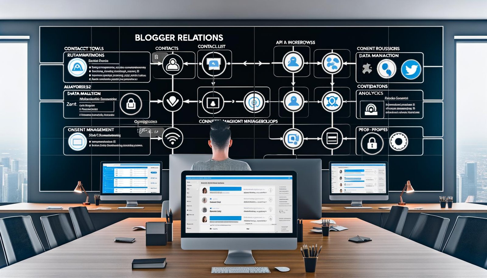 Marketingprofi an modernem digitalen Arbeitsplatz mit mehreren Monitoren, die Blogger Relations Tools, Kontaktlisten, Analytics und DSGVO-Checklisten zeigen