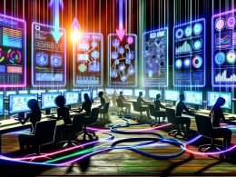 Futuristische Illustration eines Affiliate-Marketing-Kontrollraums mit Monitoren für Analysen, Automatisierung, SEO-Daten und digital arbeitenden Personen bei Neonlicht.