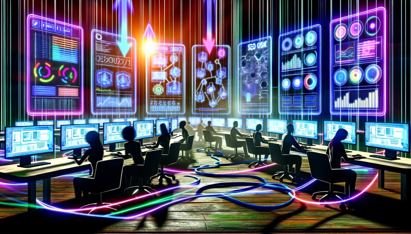 Futuristische Illustration eines Affiliate-Marketing-Kontrollraums mit Monitoren für Analysen, Automatisierung, SEO-Daten und digital arbeitenden Personen bei Neonlicht.